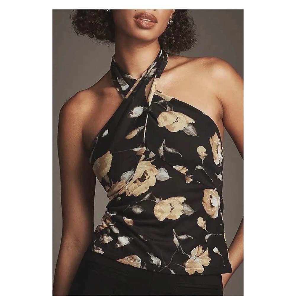NEW Anthropologie Tie-Neck Shirred Halter Top – Black Yellow XL Floral Boho